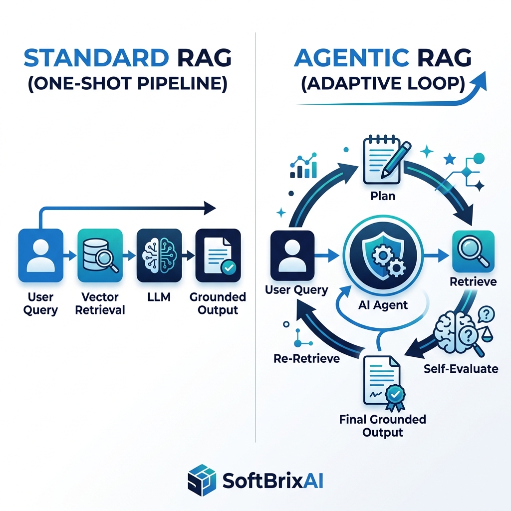 Standard RAG One-Shot Pipeline vs Agentic RAG Adaptive Loop Diagram