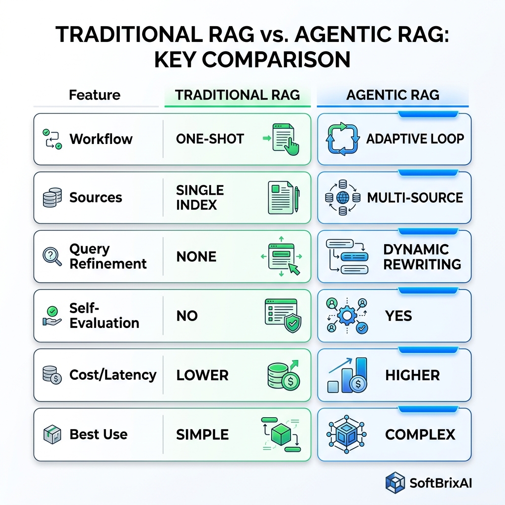Traditional RAG vs Agentic RAG Comparison Matrix Infographic