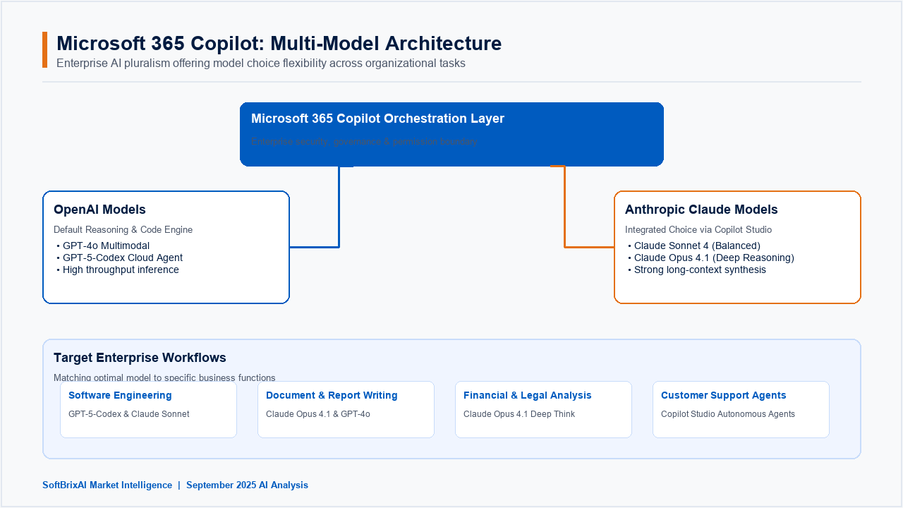 Microsoft 365 Copilot multi-model architecture showing OpenAI GPT, Anthropic Claude Sonnet 4, and Claude Opus 4.1 feeding into Coding, Writing, Analysis, and Customer Service workflows