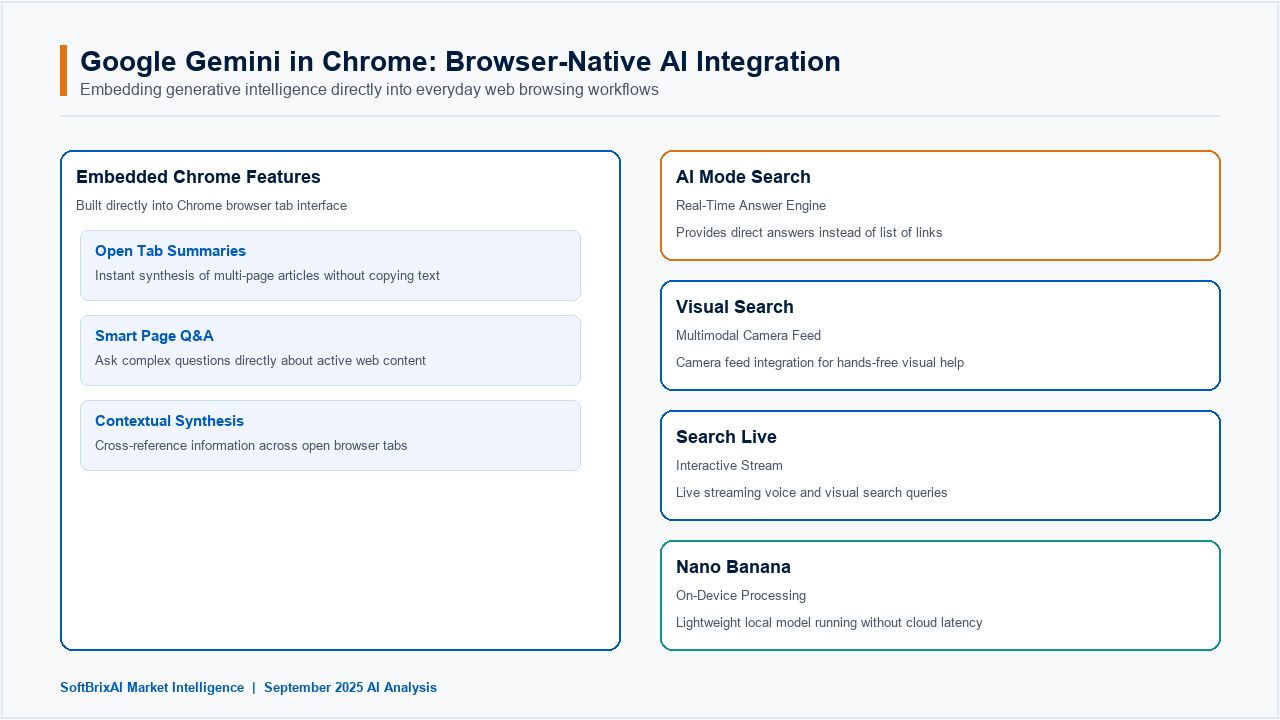 Google Gemini AI integration into Chrome browser showing AI Summaries, Smart Queries, Visual Search, AI Mode Search, Search Live, and Open Tab Understanding features