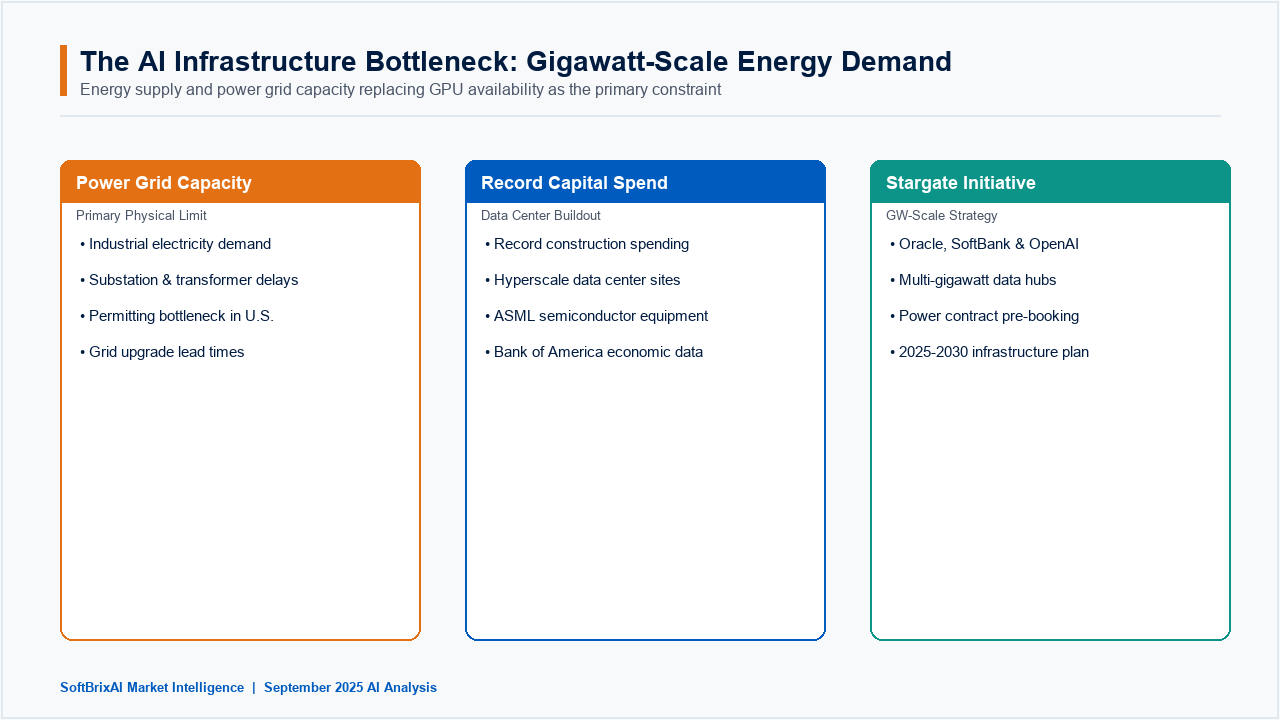 Gigawatt-scale AI infrastructure demand chart showing rising energy consumption from 2021 to 2025, with Grid Upgrades, Power Contracts, and Cooling Systems as key constraints, and the Stargate partnership backing from Oracle, SoftBank, and OpenAI