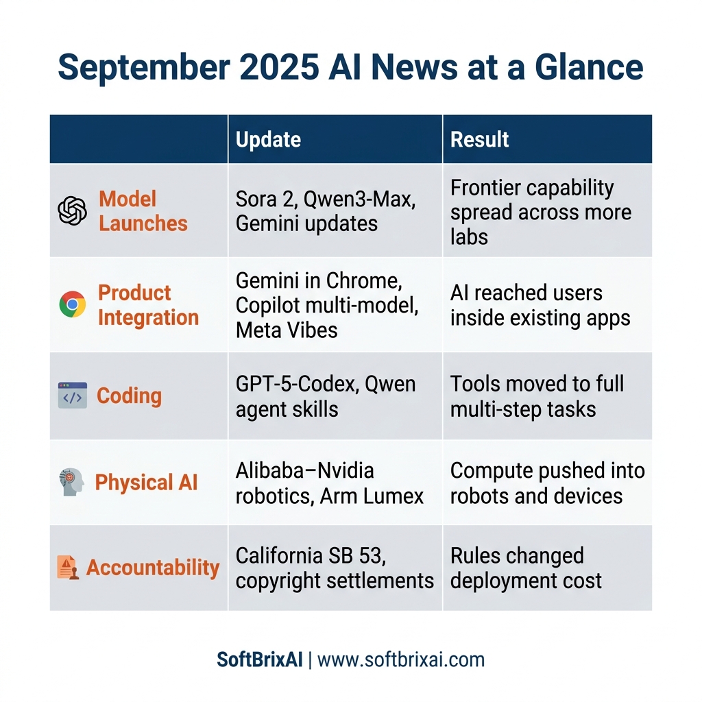 September 2025 AI news at a glance infographic showing five key shifts: model launches, product integration, coding tools, physical AI, and accountability developments