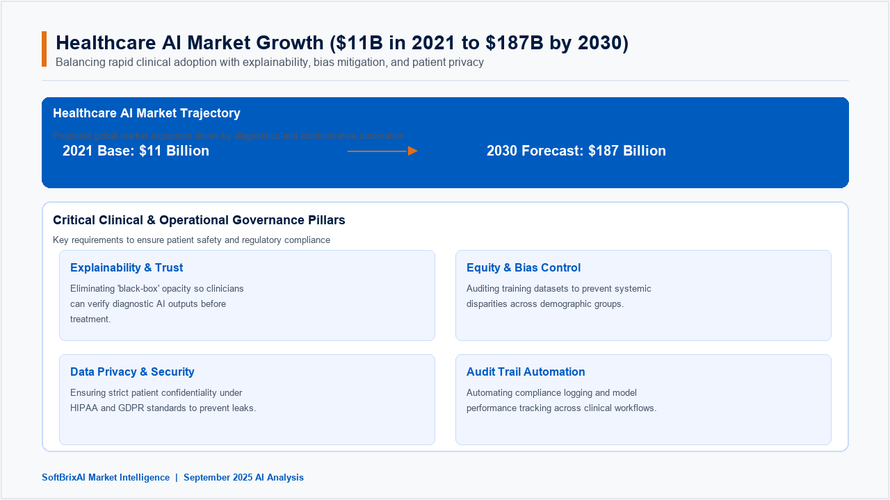 Healthcare AI market forecast chart showing growth trajectory from $11 billion in 2021 to $187 billion by 2030, with risk factors including Bias and Equity, Black Box Opacity, Data Security, and Governance Layer