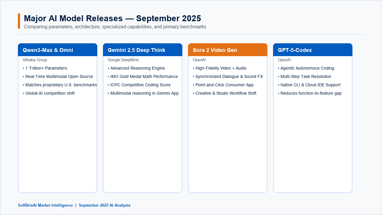 Comparison of 4 major AI model releases in September 2025: Qwen3-Max, Gemini 2.5 Deep Think, Sora 2, and GPT-5-Codex with key specifications and capabilities