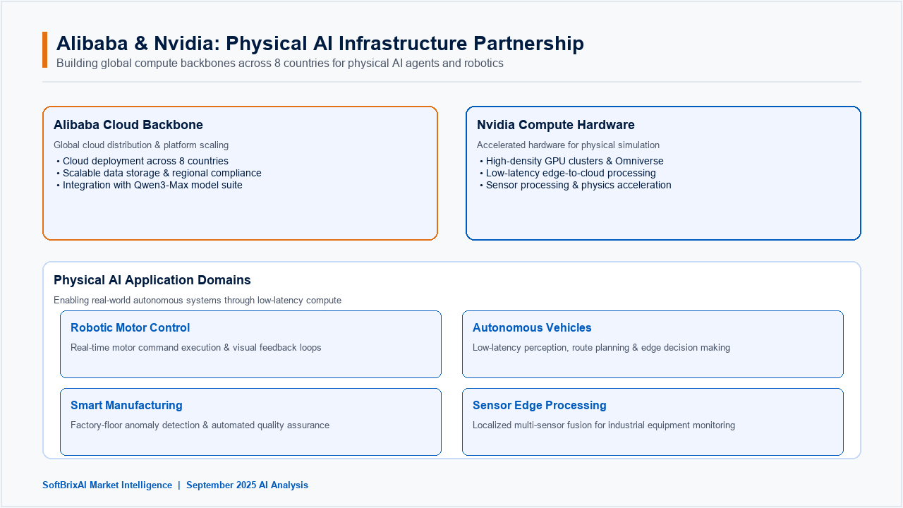 Alibaba and Nvidia Physical AI Infrastructure partnership map across 8 countries, showing Alibaba Cloud and NVIDIA Compute powering Robotics, Autonomous Vehicles, Industrial Automation, and Sensor Processing