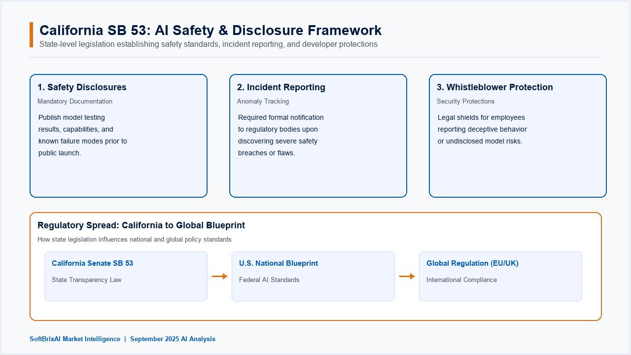 California SB 53 AI regulation framework showing three pillars of Safety Disclosures, Incident Reporting, and Whistleblower Protections, with timeline from State Law to National Template to potential Global Standard