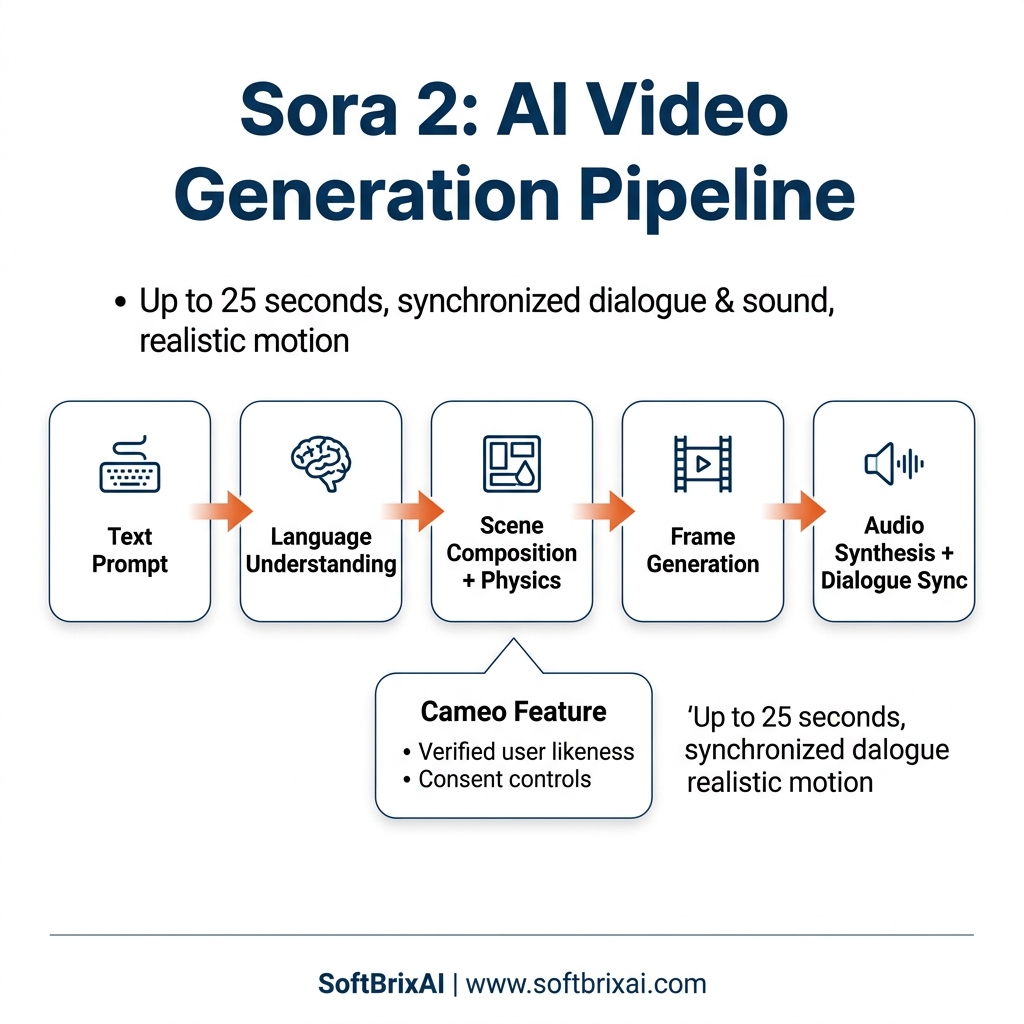 Sora 2 AI video generation pipeline diagram showing text prompt flowing through language understanding, scene composition, frame generation, and audio synthesis with Cameo feature