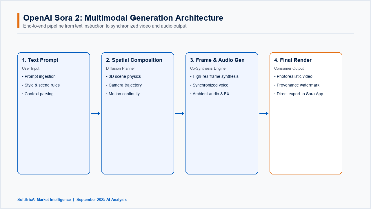 Sora 2 AI video generation pipeline: text prompt flows through language understanding, scene composition, frame generation, and audio synthesis to produce video with synchronized dialogue and sound