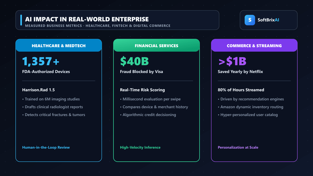 Enterprise real-world AI applications showing healthcare FDA authorizations, Visa 40 billion fraud prevention, and Netflix recommendation savings with SoftBrixAI branding
