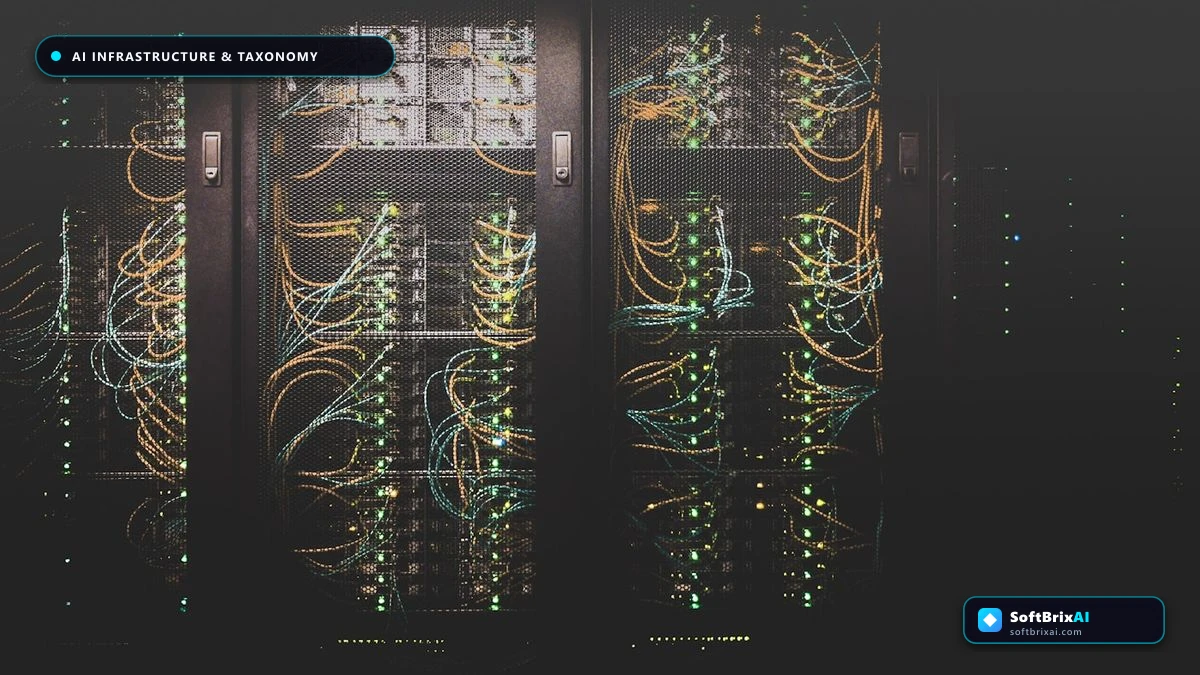 Enterprise AI computing cluster with high-speed fiber interconnects powering multi-framework artificial intelligence systems