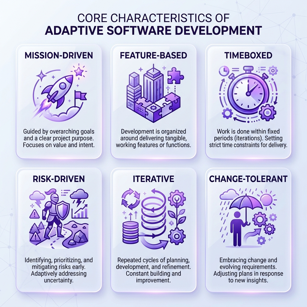 Core Characteristics of Adaptive Software Development Infographic