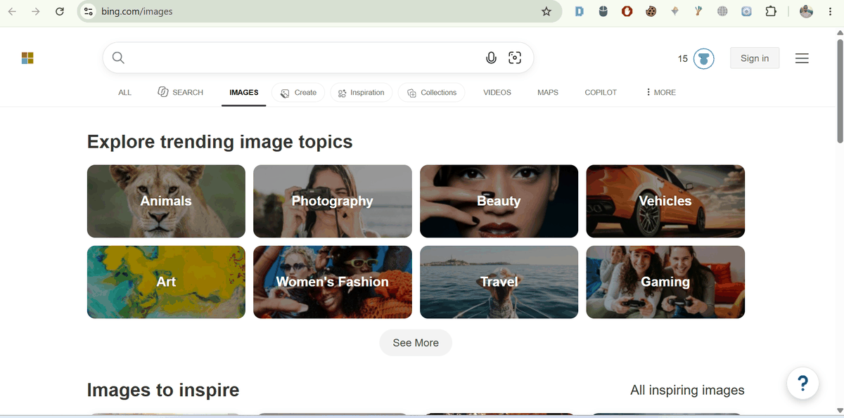 Bing Visual Search image page with the camera icon used to run an object recognition search on an uploaded photo