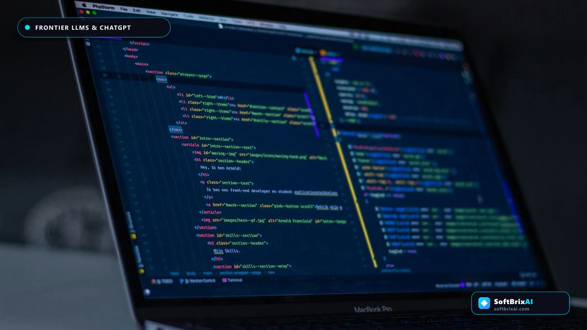 Software engineer developing and debugging with frontier large language model AI assistants on high-resolution code workspaces