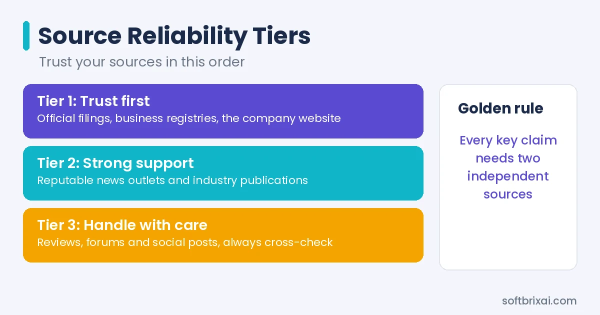 Company research source reliability tiers: official filings and registries first, reputable news and industry publications second, reviews and forums last