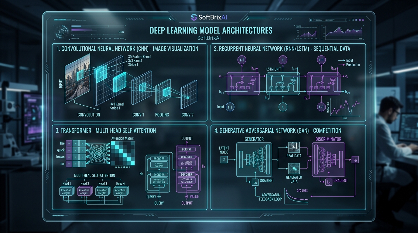 Four core deep learning model architectures: CNN, RNN, Transformer, and GAN
