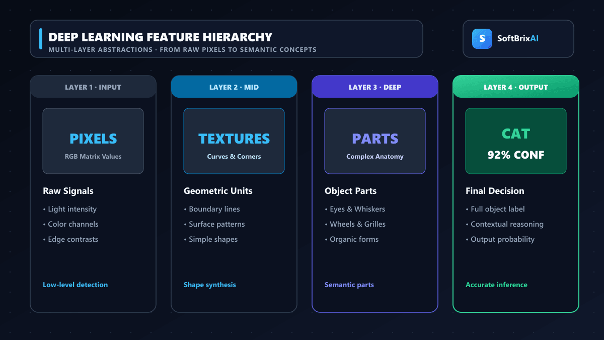 Deep learning feature hierarchy showing raw pixels, edge textures, part synthesis, and object classification layers with SoftBrixAI branding