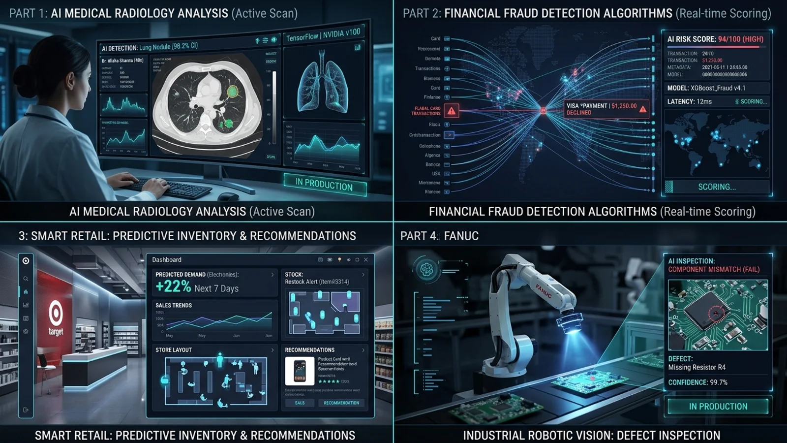 Real enterprise AI models in production across healthcare, financial fraud prevention, smart retail inventory, and industrial manufacturing