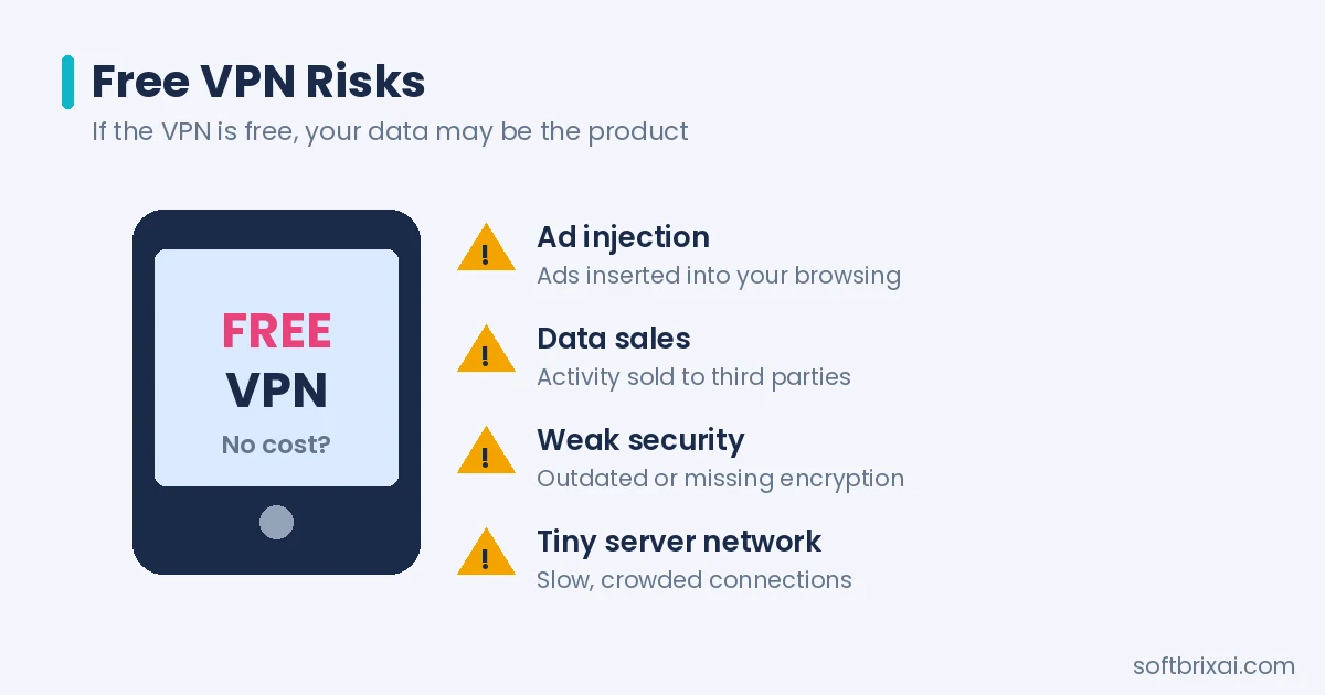 Free VPN risks - ad injection, data sales, weak security and slow crowded servers