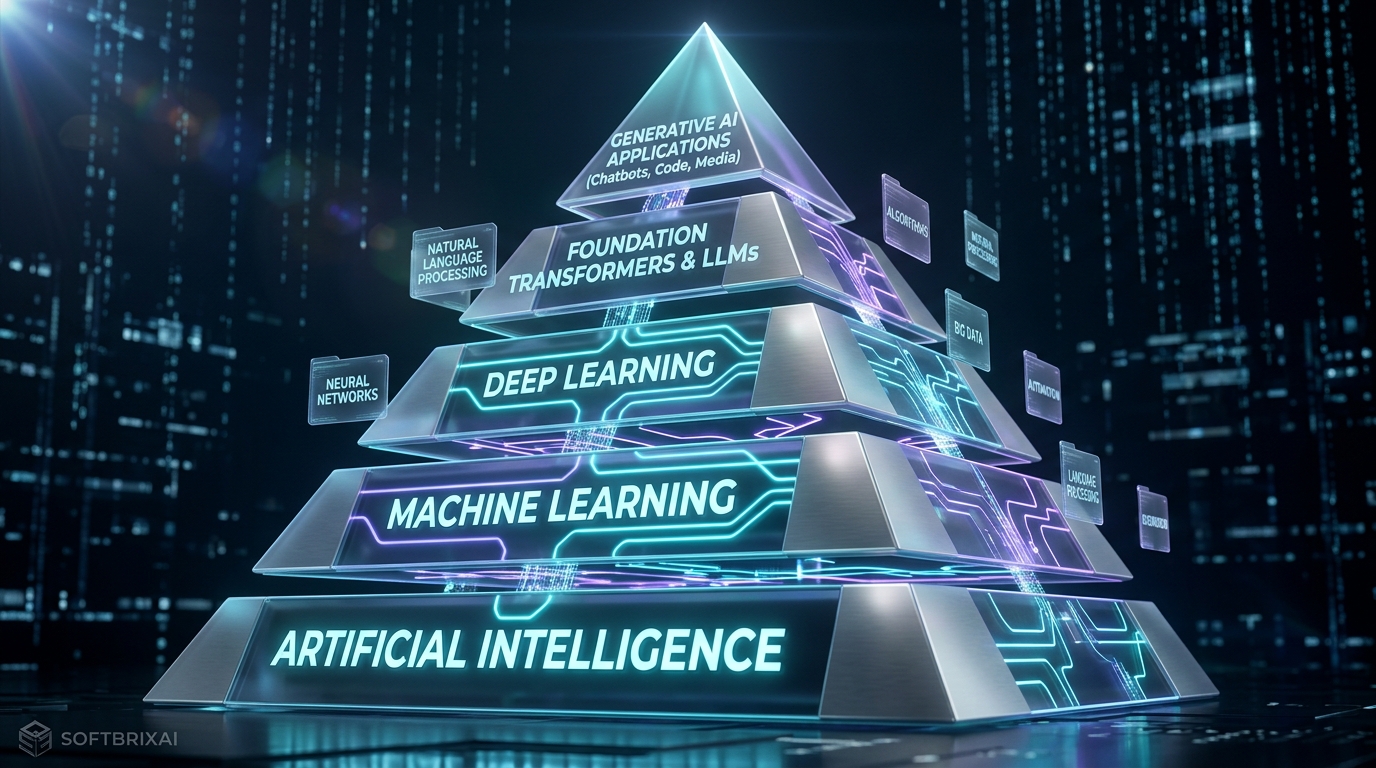 The AI hierarchy pyramid from Artificial Intelligence down through Machine Learning and Deep Learning to Transformers, LLMs, and Generative AI