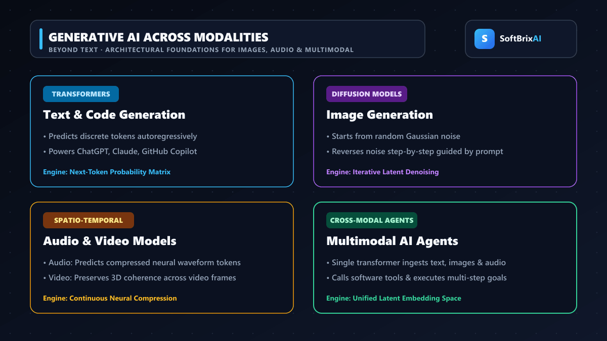 Generative AI across modalities comparing text transformers, image diffusion models, audio waveforms, video, and multimodal AI agents with SoftBrixAI branding