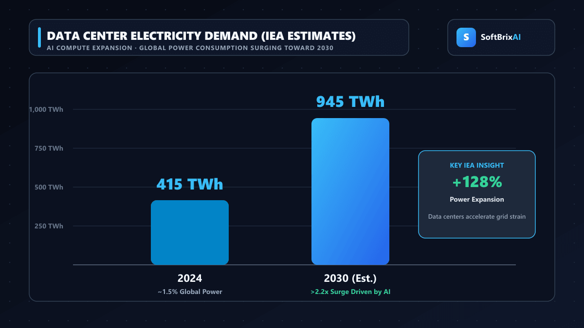 Bar chart showing global data center electricity consumption rising from 415 TWh in 2024 to 945 TWh by 2030 based on International Energy Agency estimates with SoftBrixAI branding