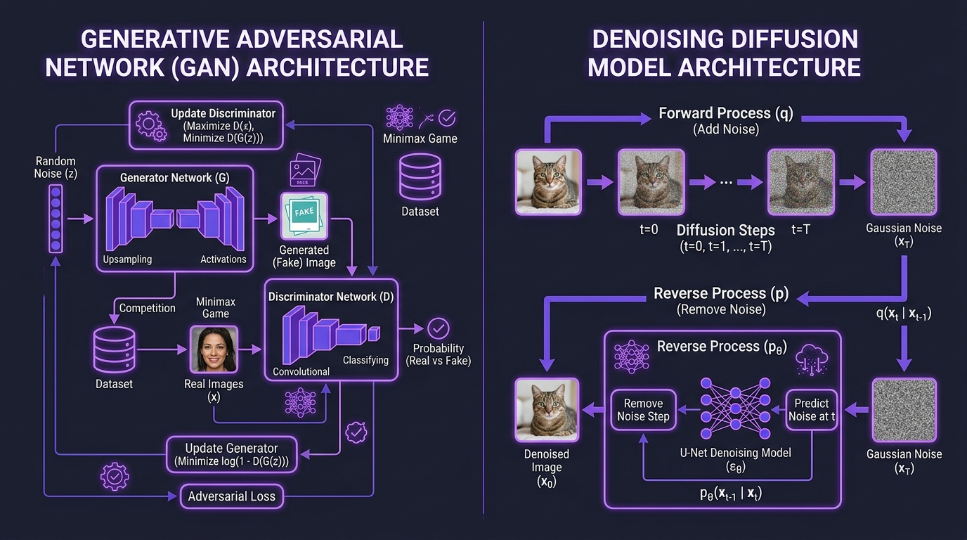 GAN Architecture vs Denoising Diffusion Model Architecture Diagram