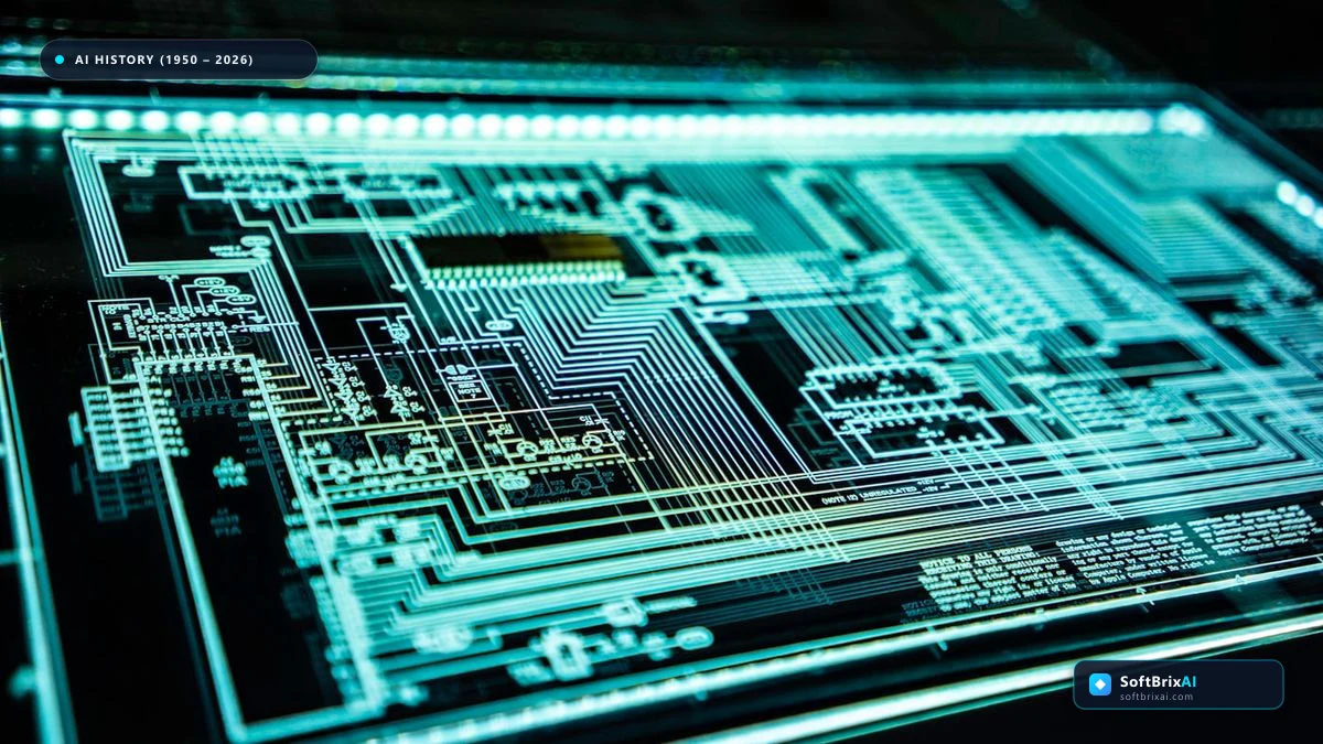 Comprehensive artificial intelligence timeline chart mapping key milestones across seven decades