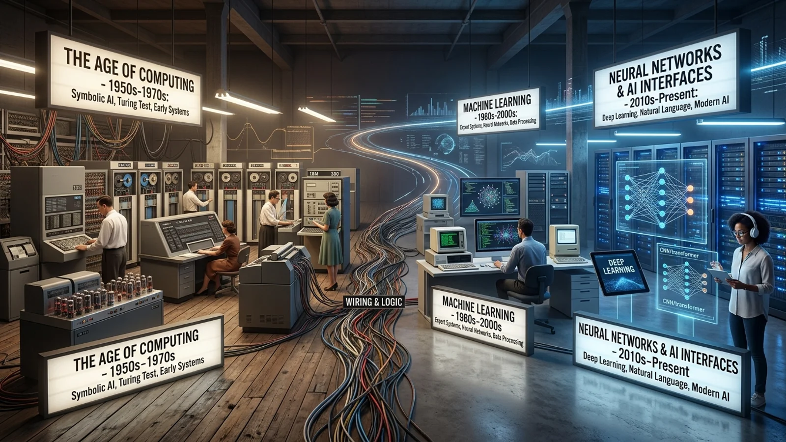 70-year evolution of artificial intelligence from vacuum-tube mainframes and symbolic logic to deep neural networks and modern AI agents