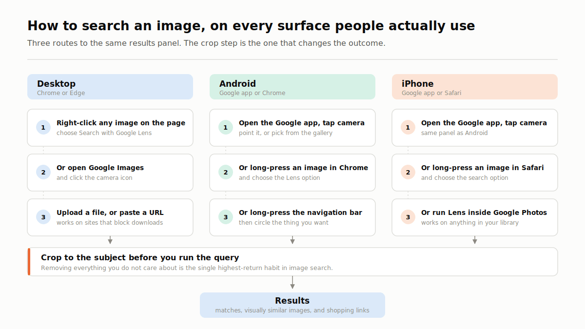 Step-by-step reverse image search workflow across desktop, Android and iPhone