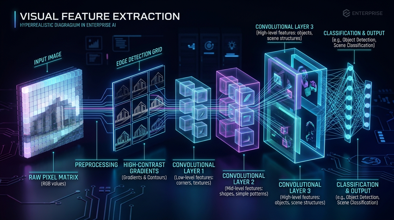 From Pixels to Patterns: Visual Feature Extraction Layers Diagram