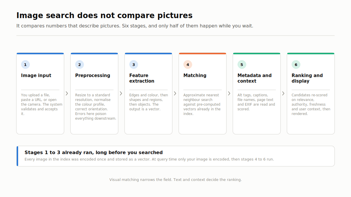 Six-stage image search pipeline from image input through ranking and display
