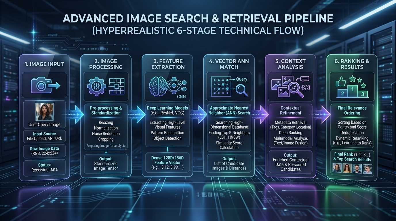6-Stage End-to-End Image Search Pipeline Infographic