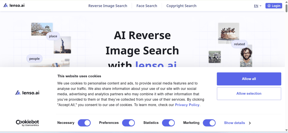 Lenso AI reverse image search homepage showing its reverse image, face and copyright search modes