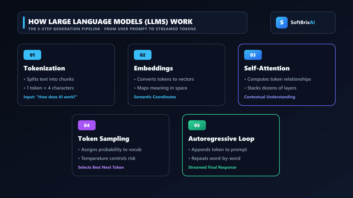 Five-stage generation pipeline of large language models from tokenization and vector embeddings to transformer attention, next-token prediction, and autoregressive streaming with SoftBrixAI branding