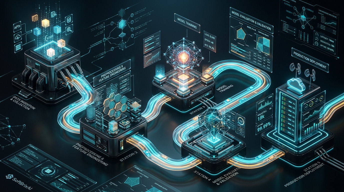 Five-stage machine learning production pipeline from data collection to deployment