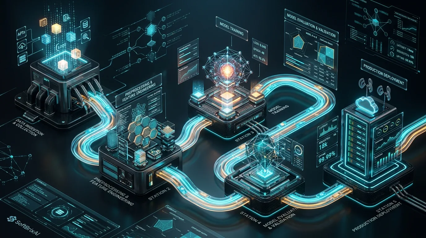 Five-stage machine learning production pipeline from data collection to deployment