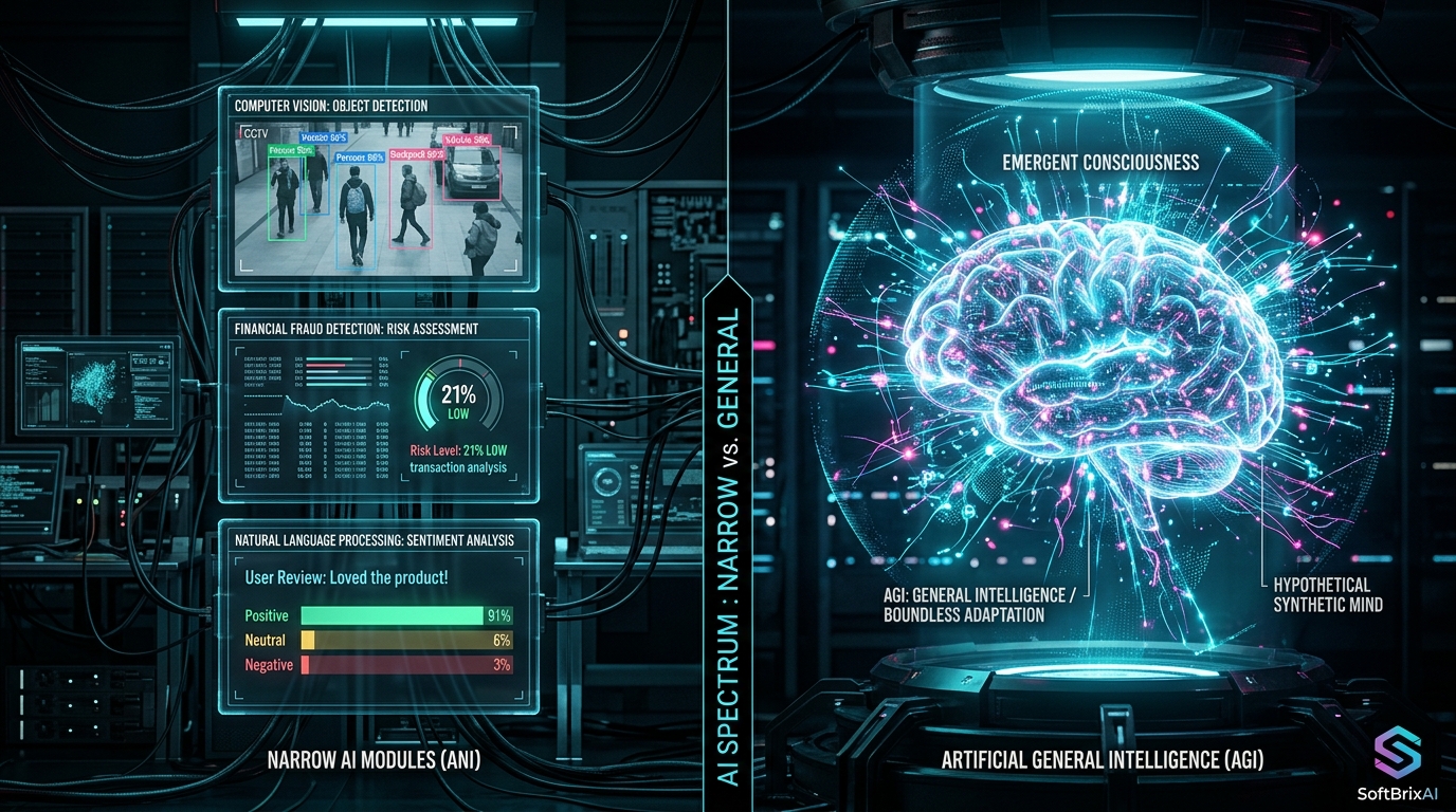 Narrow AI specialized modules versus hypothetical Artificial General Intelligence neural core