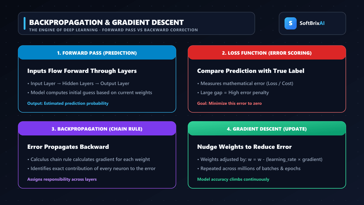 Diagram of neural network backpropagation and gradient descent optimization cycle showing forward pass, loss computation, gradient backward propagation, and weight updates with SoftBrixAI branding