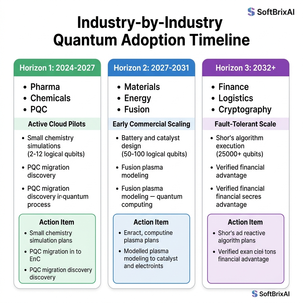 Industry-by-Industry Quantum Adoption & Investment Timeline Infographic (SoftBrixAI)