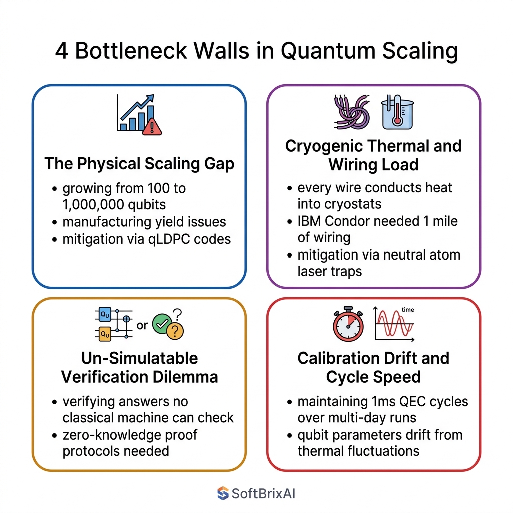 The 4 Hardware & Algorithmic Bottleneck Walls in Quantum Scaling Diagram (SoftBrixAI)