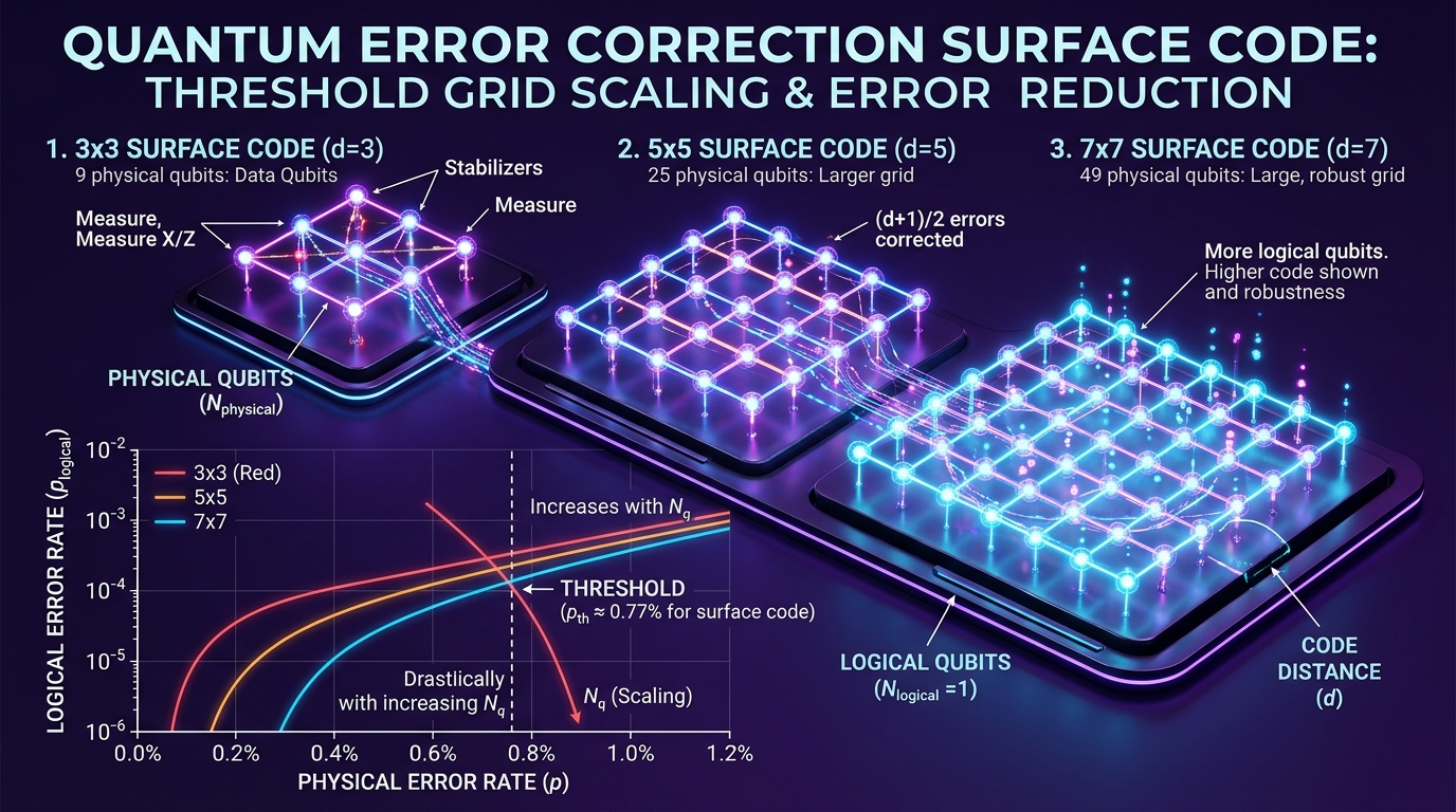 Quantum Error Correction Threshold Grid Scaling (Google Willow Chip Surface Code)