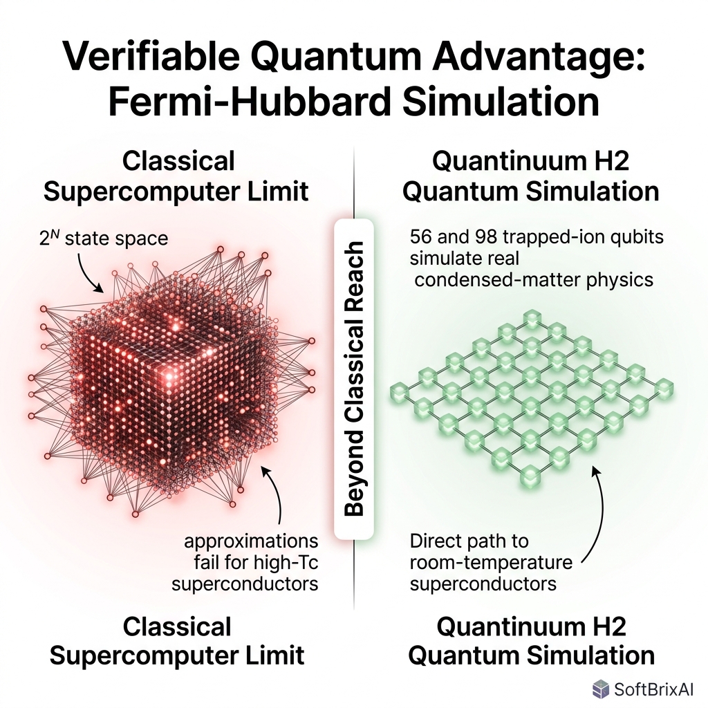 Verifiable Quantum Advantage: Quantinuum Fermi-Hubbard Physics Simulation Diagram (SoftBrixAI)