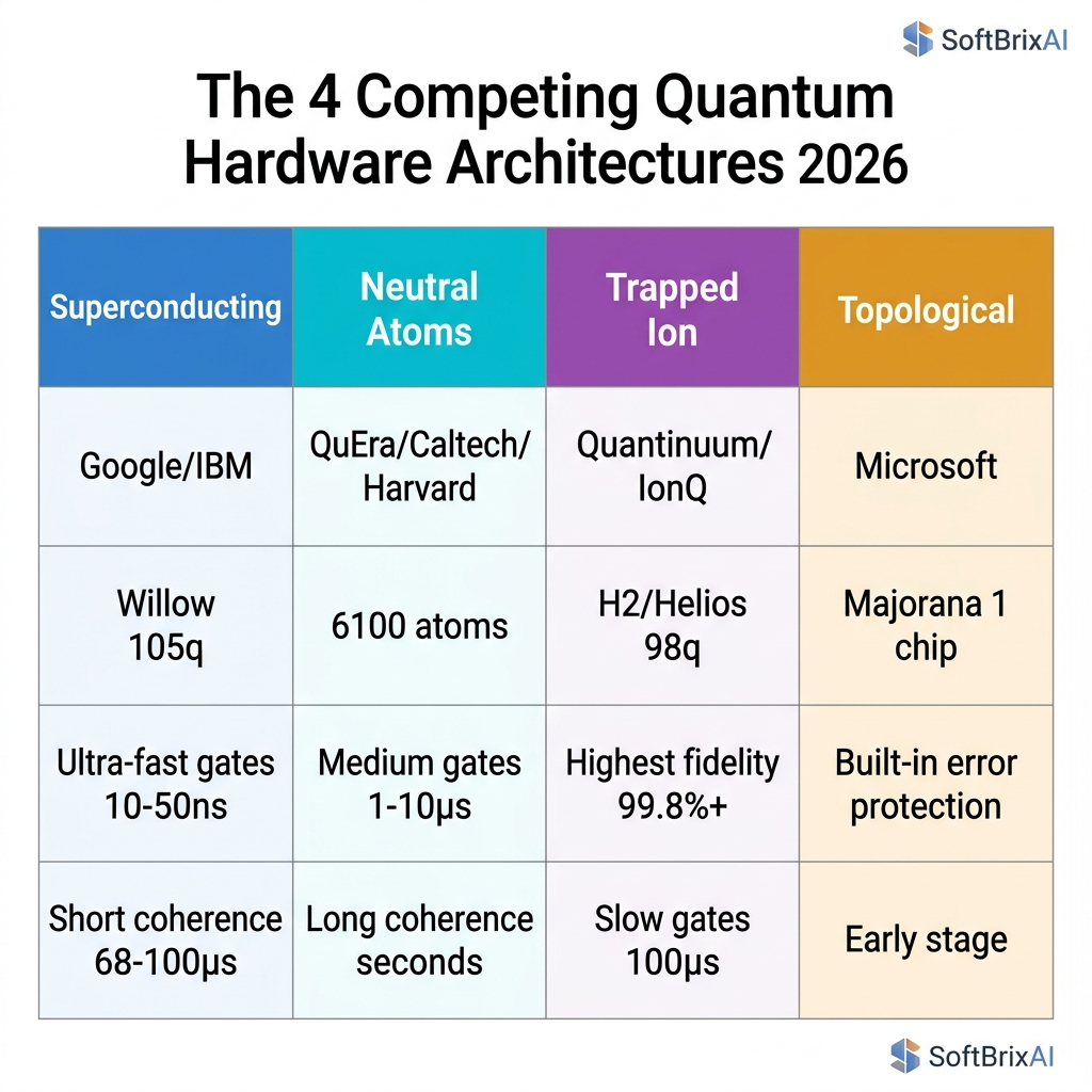 The 4 Competing Quantum Hardware Architectures Modality Comparison Matrix (SoftBrixAI)