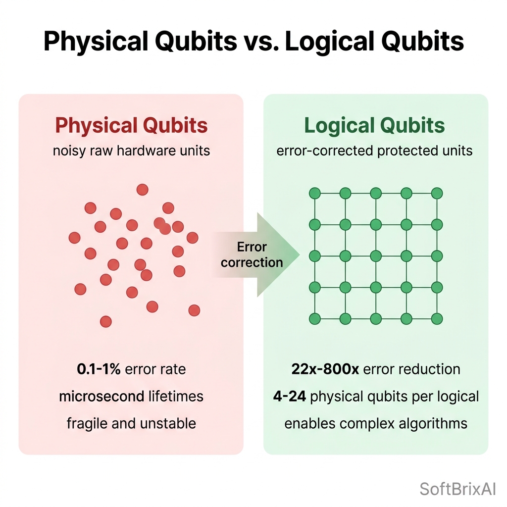 Physical Qubits vs Logical Qubits Overhead & Stability Shift Infographic (SoftBrixAI)