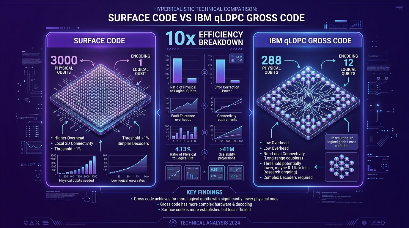 IBM qLDPC Gross Code vs Surface Code Physical Qubit Overhead Comparison