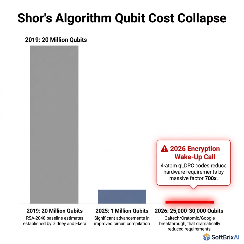 Shor's Algorithm Qubit Cost Collapse 2019-2026 Breakthrough Infographic (SoftBrixAI)