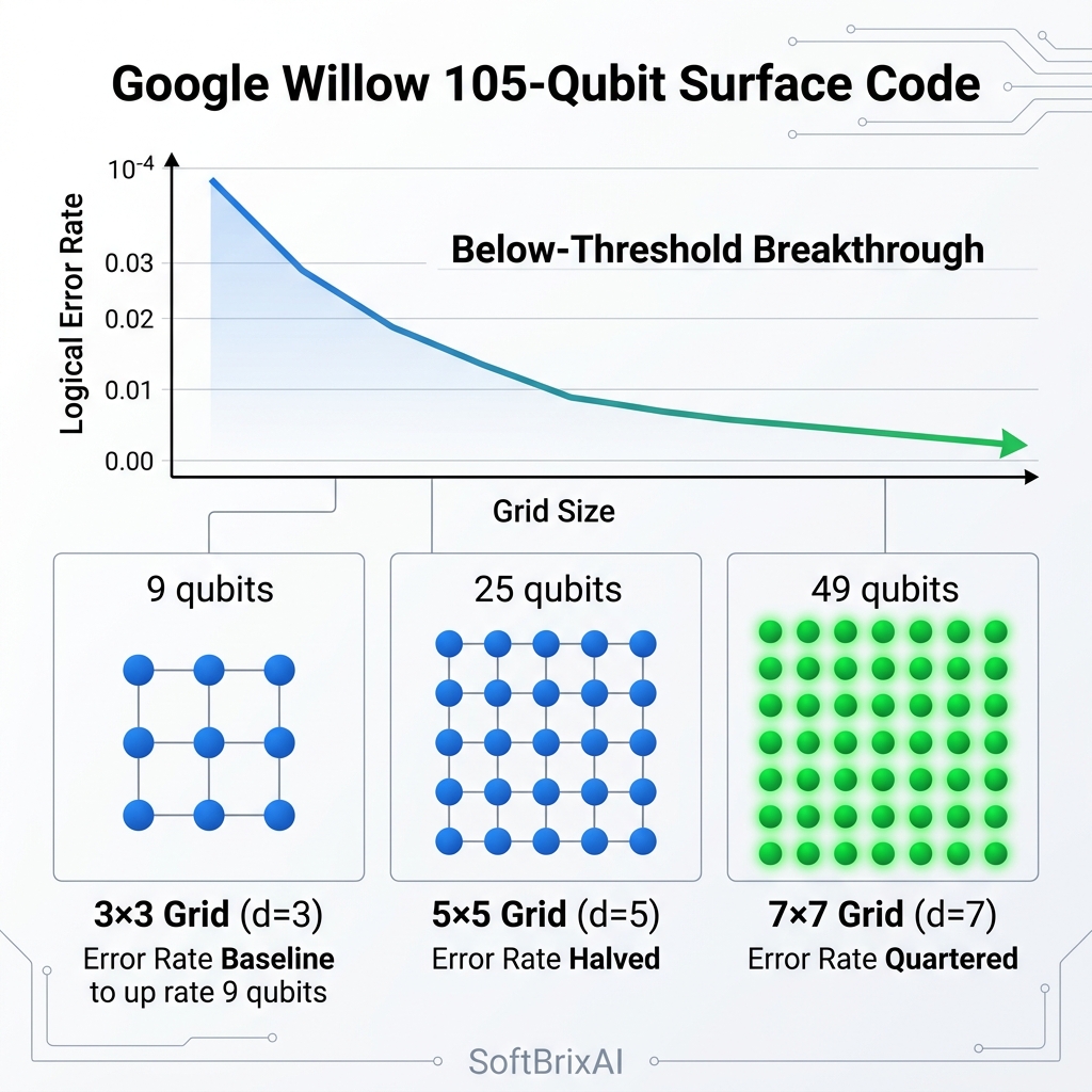Google Willow 105-Qubit Surface Code Below-Threshold Error Halving Diagram (SoftBrixAI)