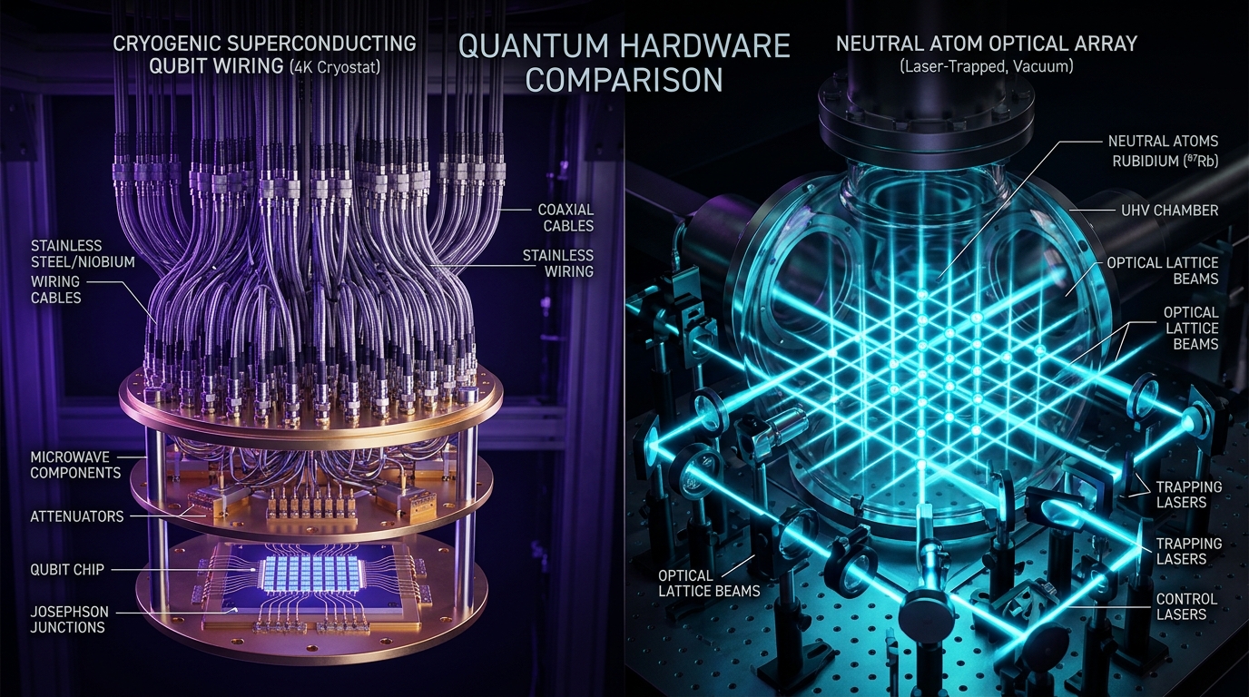 Cryogenic Superconducting Qubit Wiring vs Neutral Atom Laser Traps Comparison