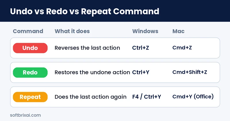 Redo command compared with undo and repeat commands on Windows and Mac