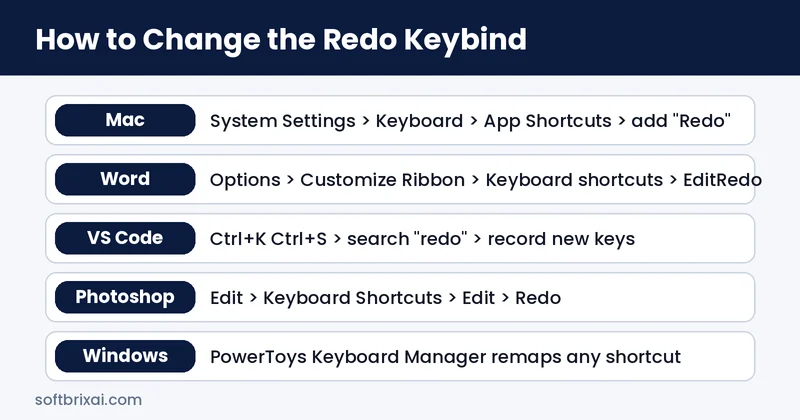 Redo keybind settings on Mac, Word, VS Code, Photoshop and Windows PowerToys